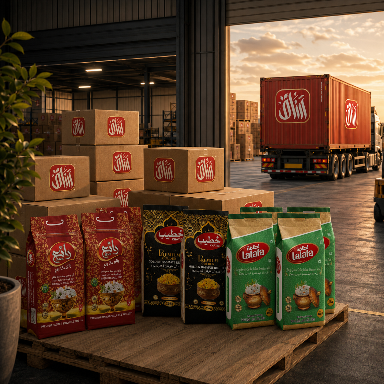 Packaged food products and branded cartons stand ready on pallets as a freight truck leaves a warehouse.