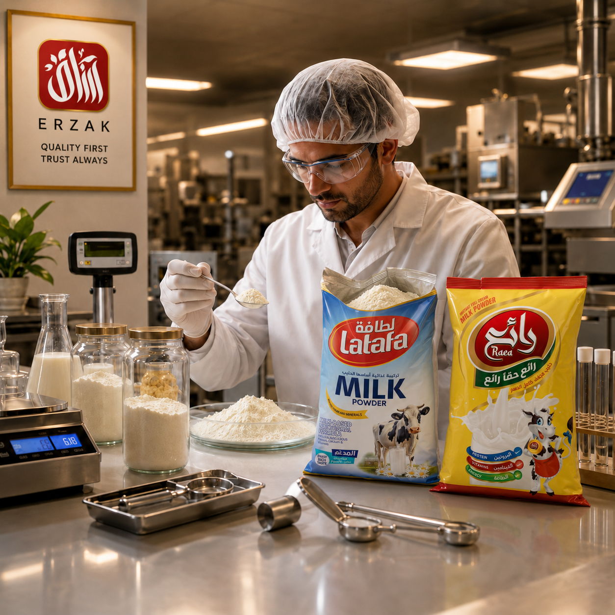 A quality specialist inspects packaged milk powder samples in a food production laboratory.