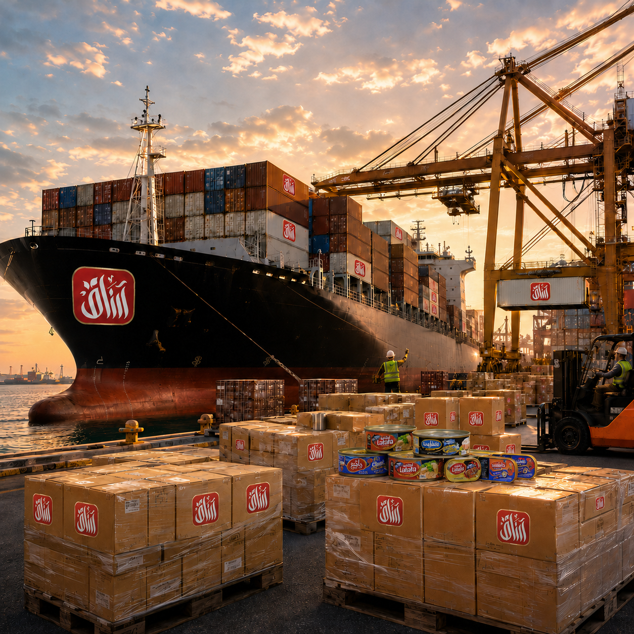 A container ship is loaded at sunset beside prepared pallets of packaged food products.