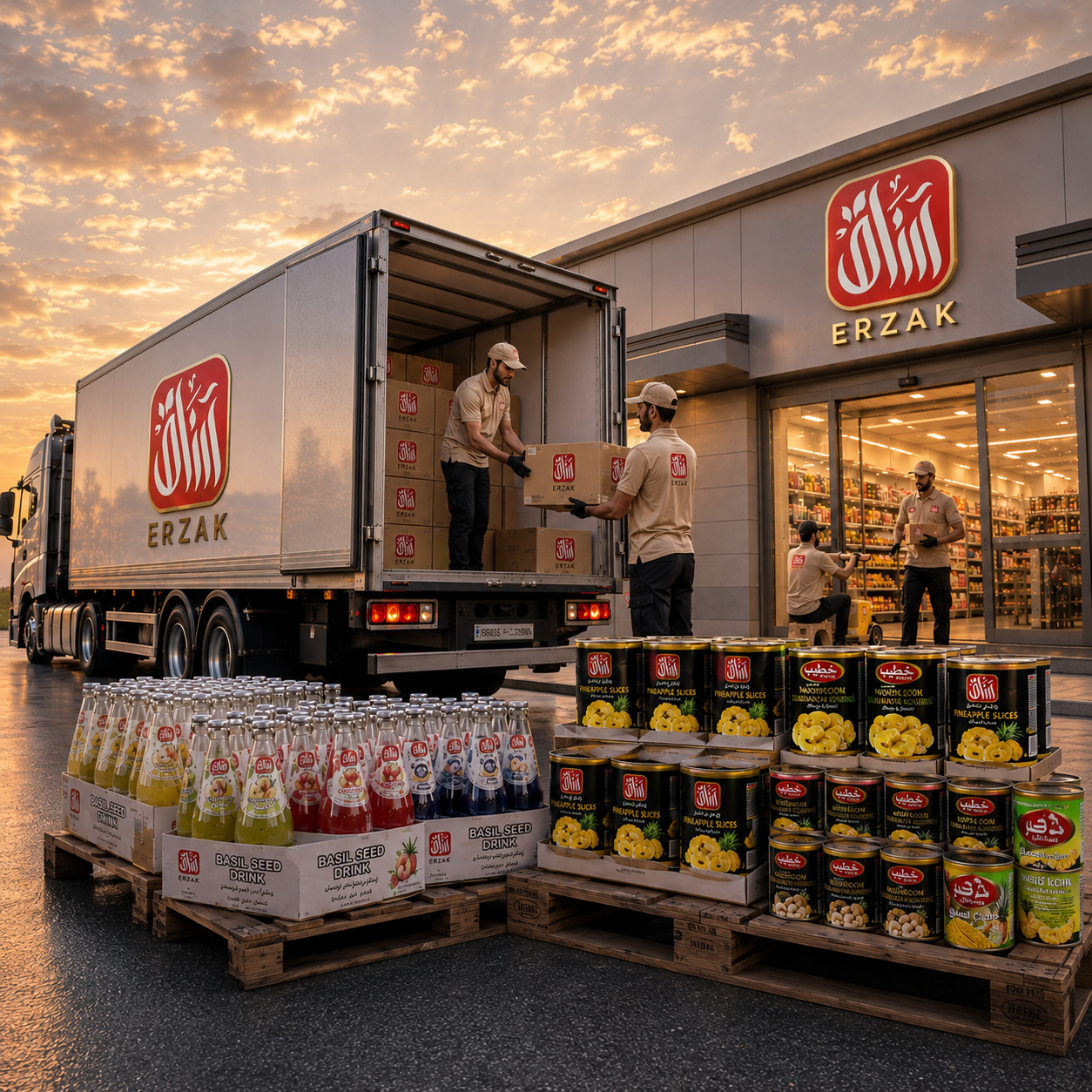A delivery team unloads food cartons from a truck outside a stocked retail destination.
